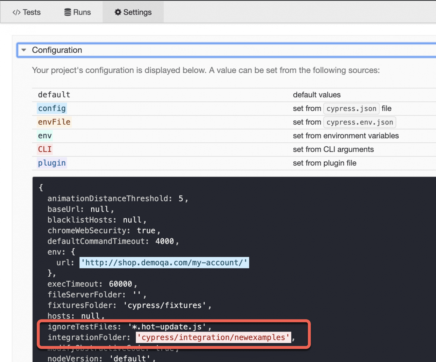 Overridden Cypress default configurations from command line