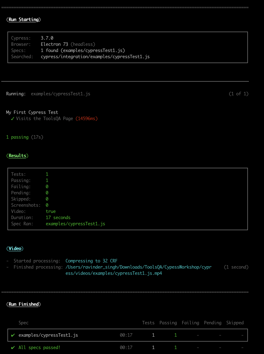 Sample run of specific test case