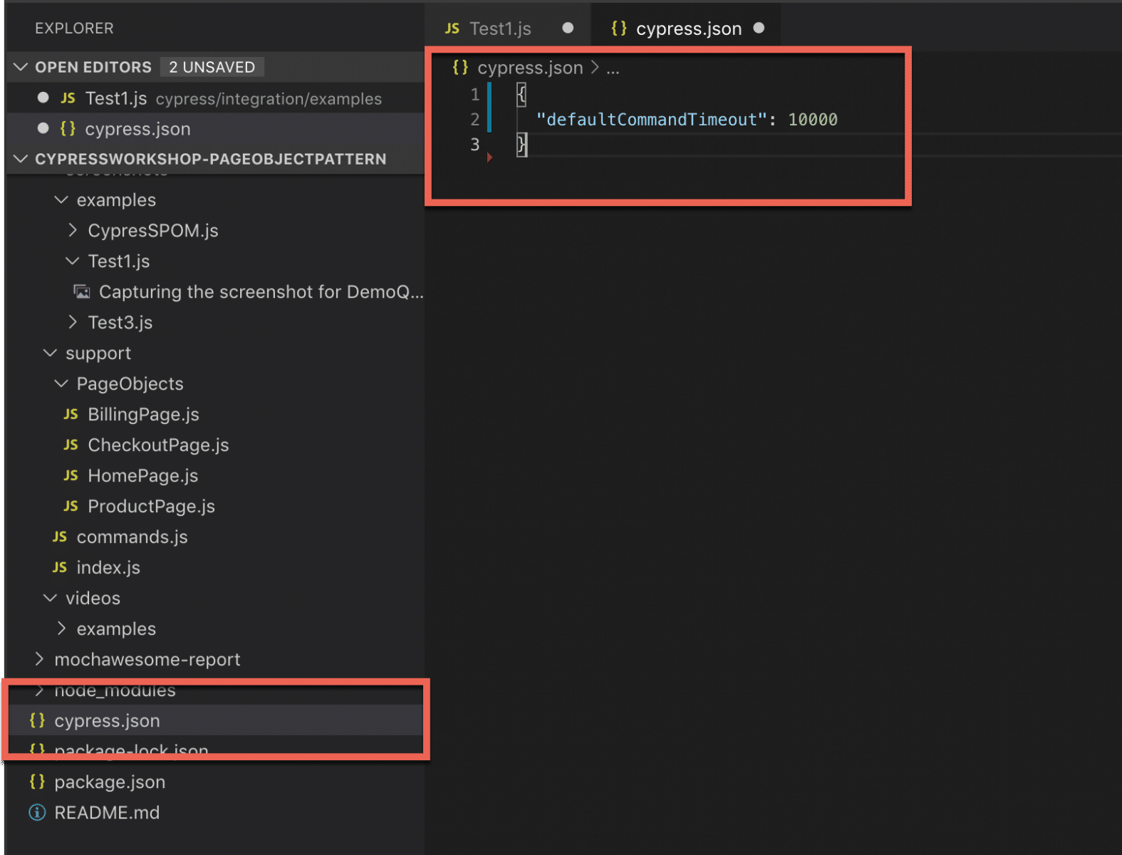 Timeout value overridden in cypress.json file