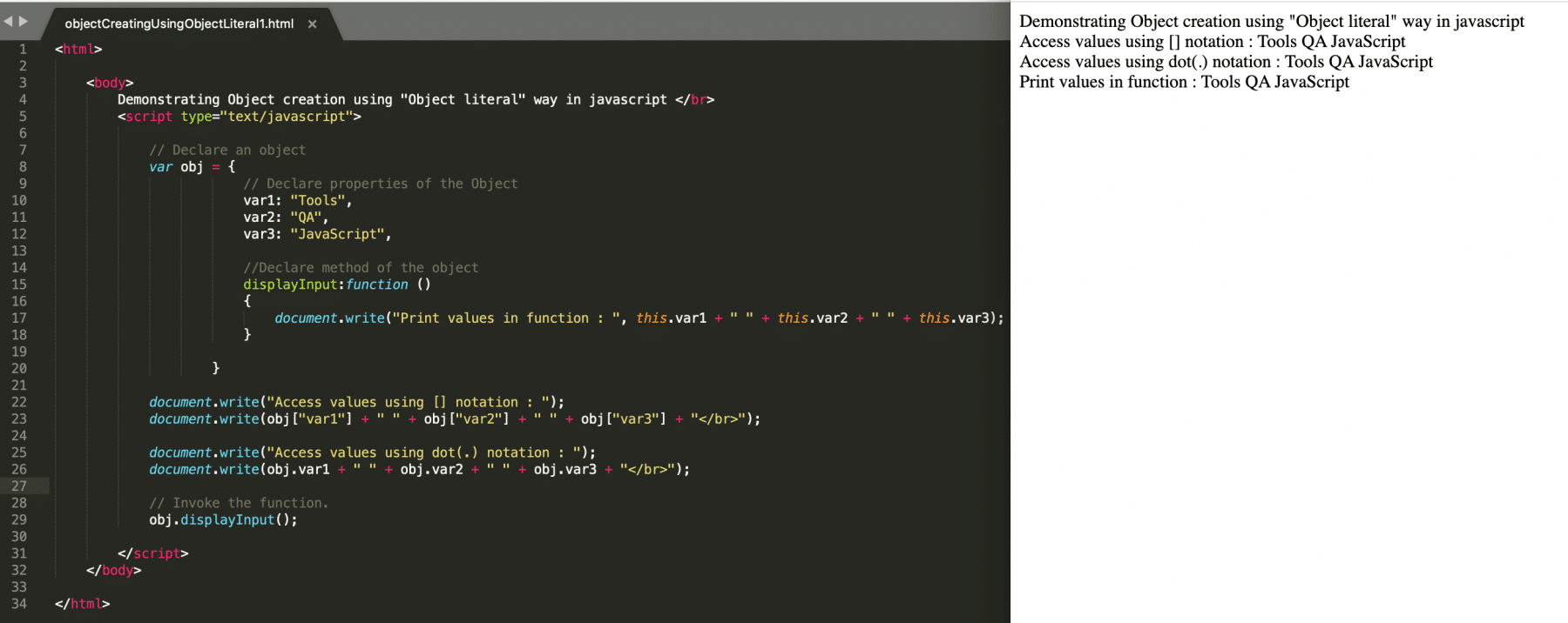  Javascript Objects - creation using Object Literal method