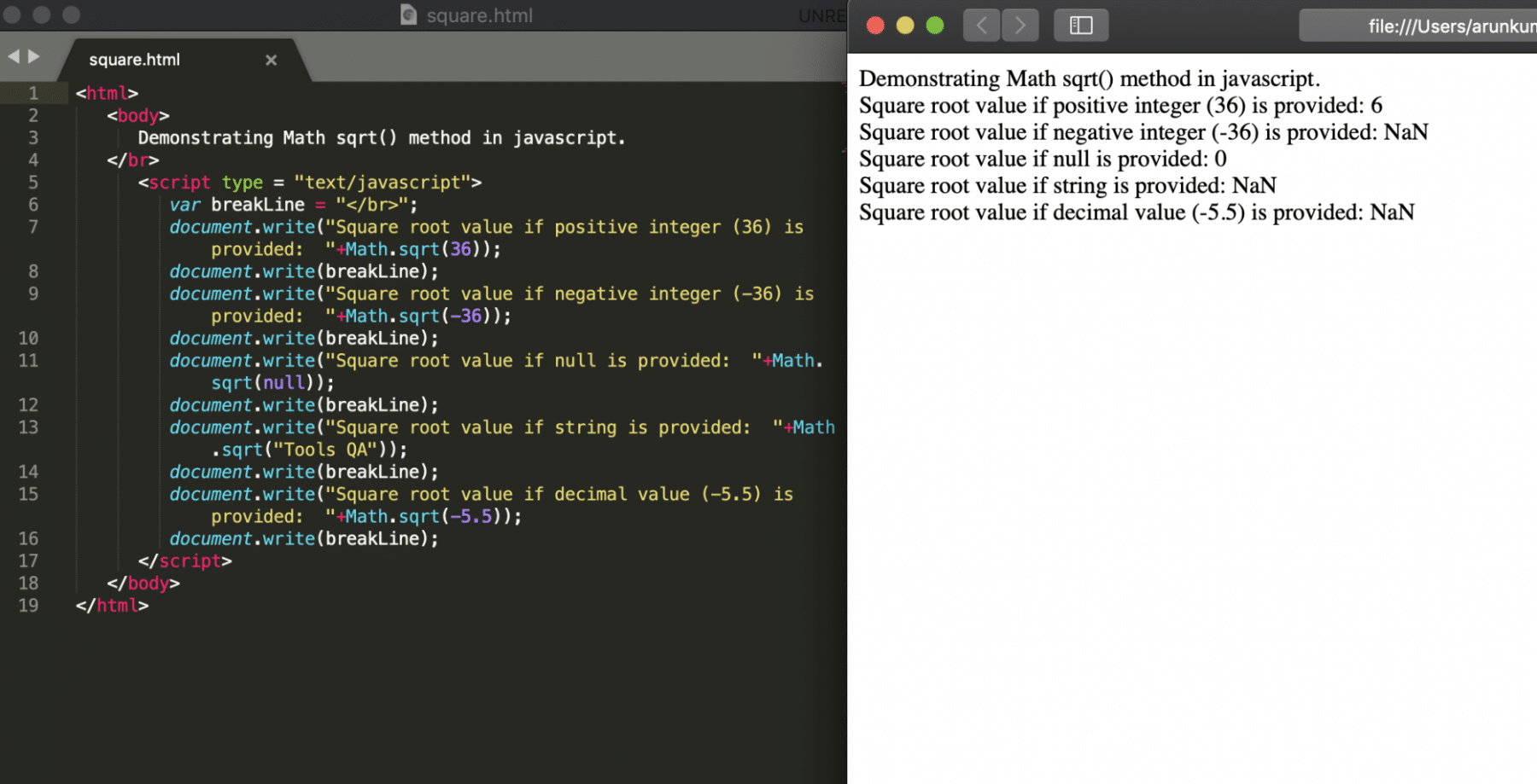 Square Root method of math object in javascript