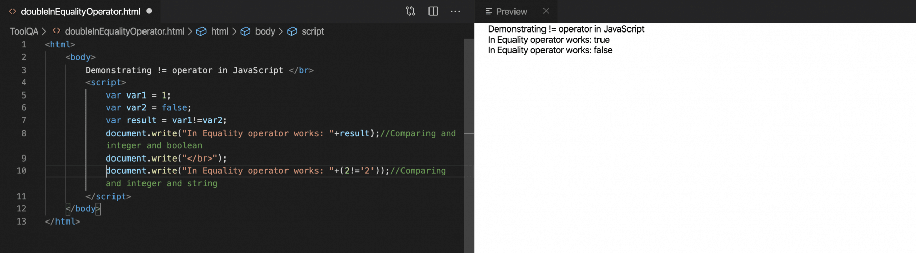  InEquality Operator Demonstration