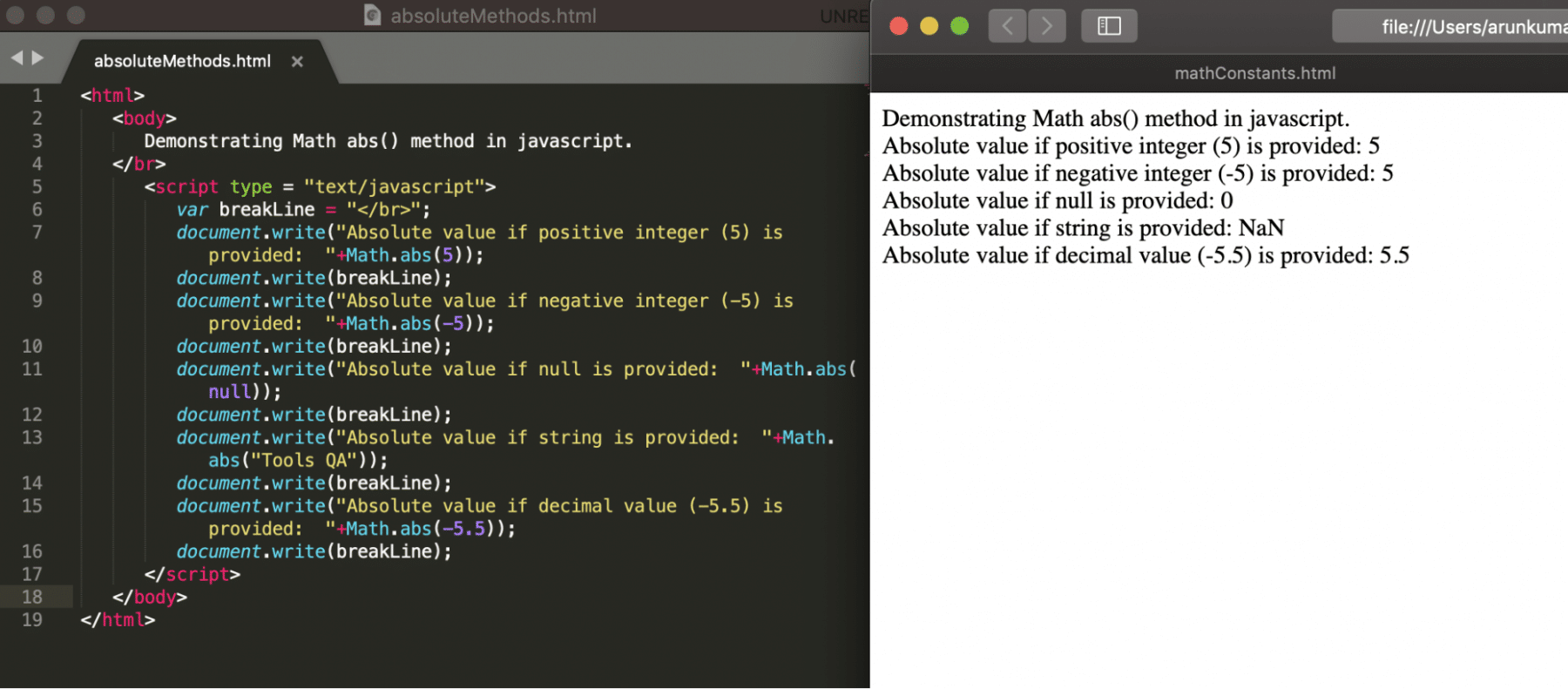 Absolute method of math object in Javascript