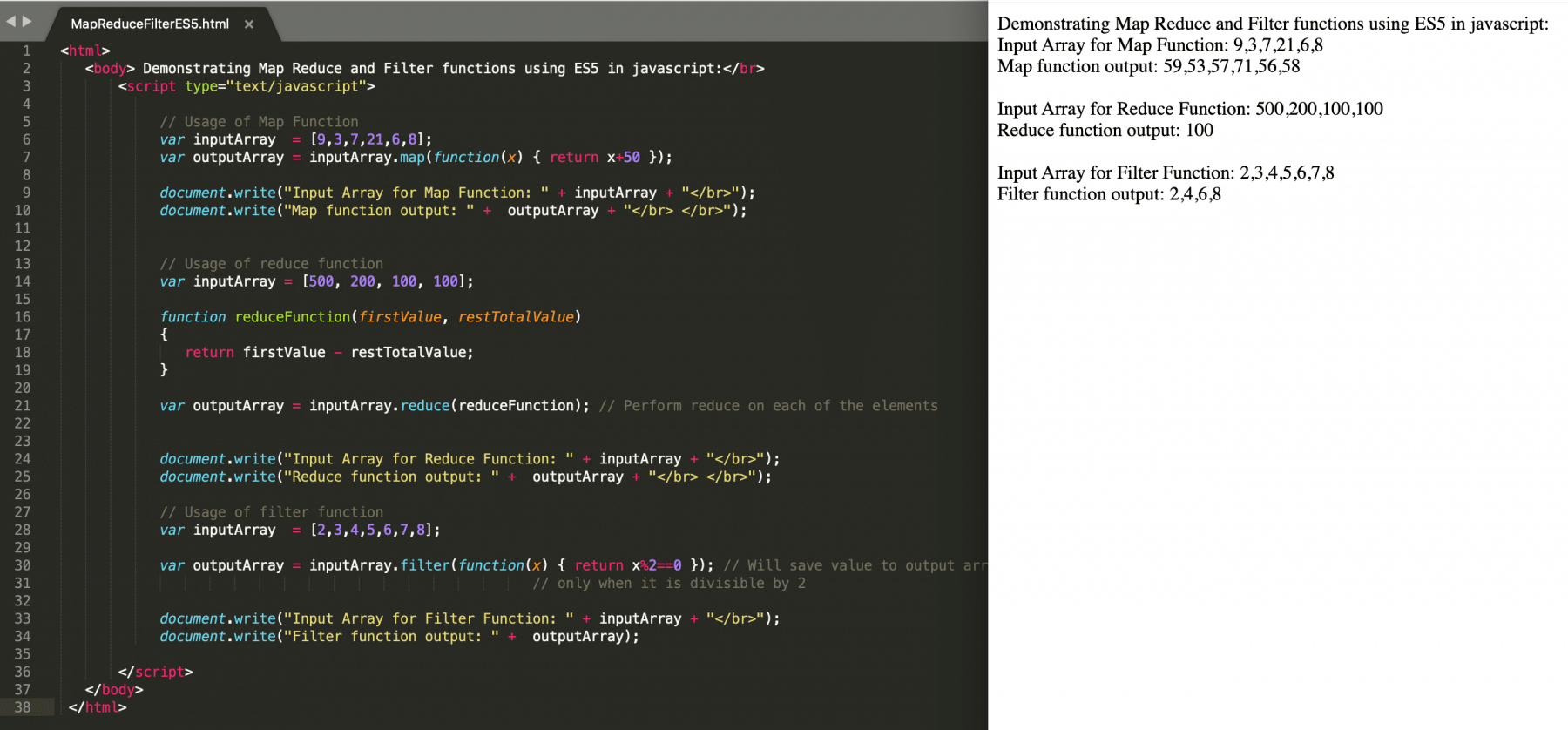 Map Reduce Filter functions Without Arrow functions in Javascript using ES5 syntax