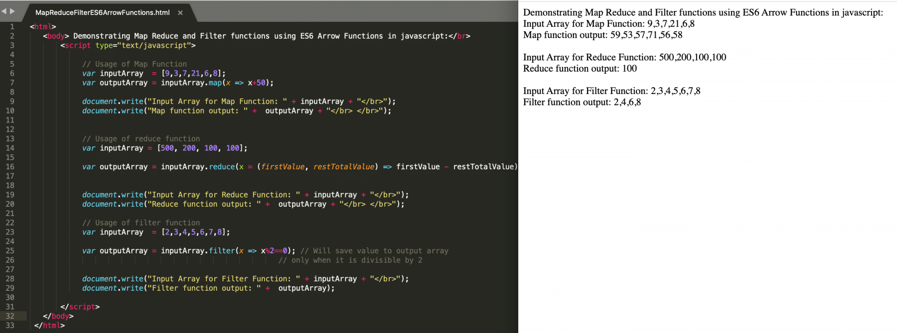 Demonstrating map reduce and filter function with Arrow Functions