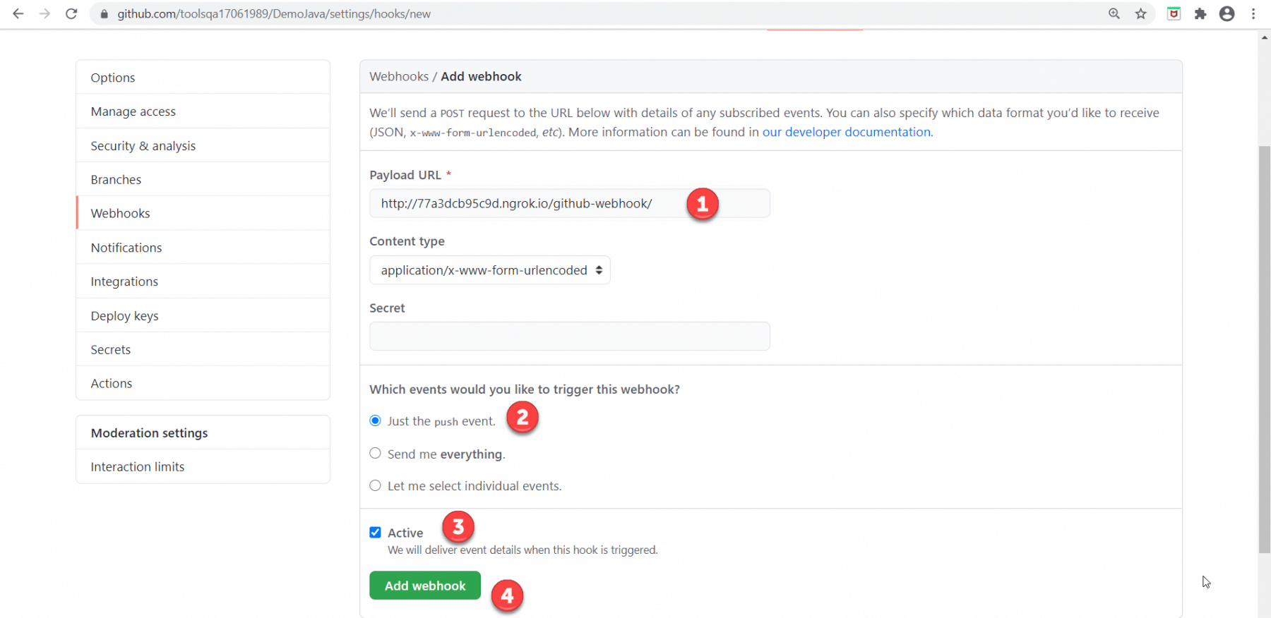 Jenkins github integration: Webhook configuration