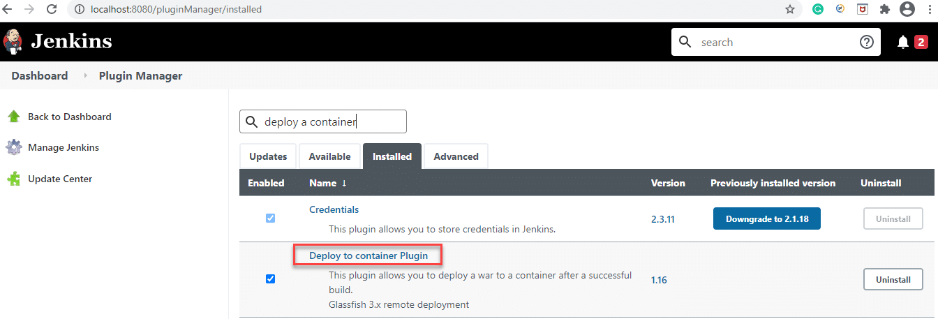 'Deploy a container' plugin installed