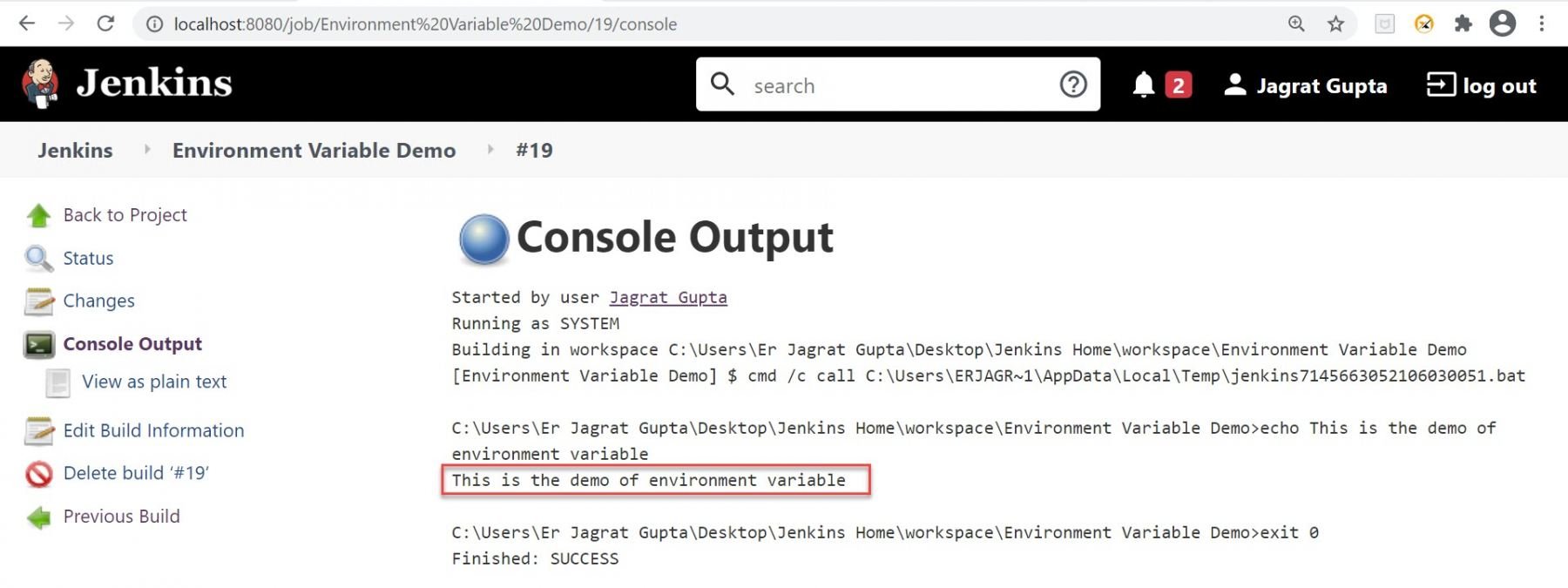 Output of environment variable