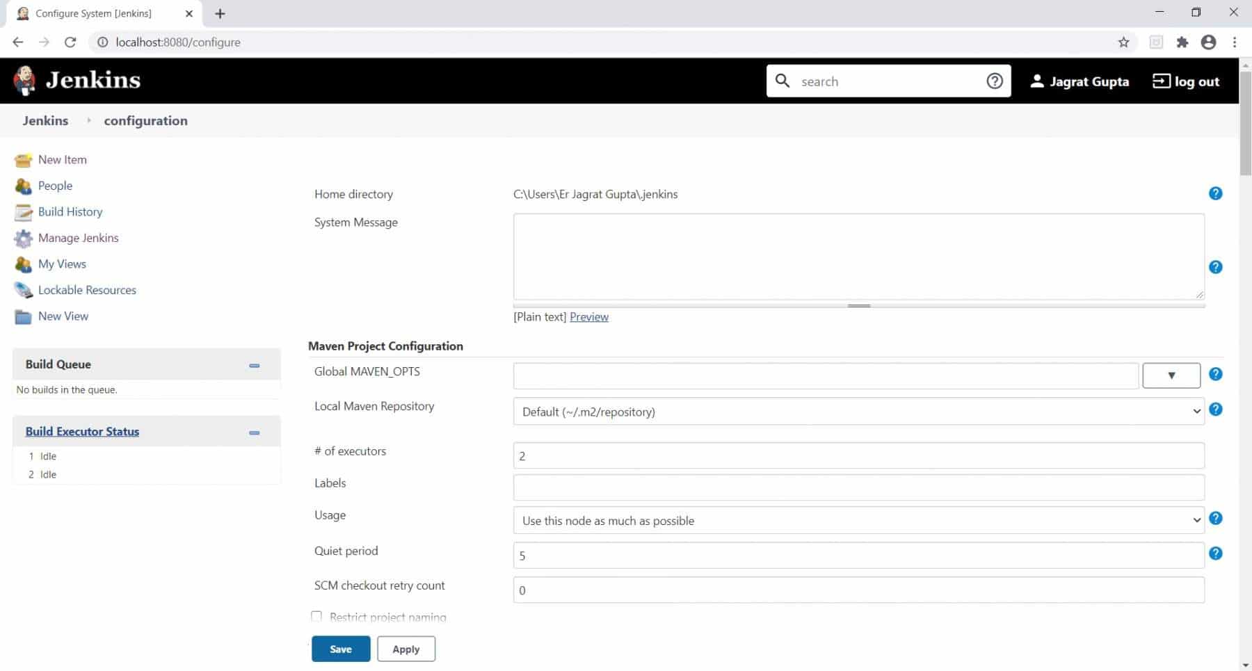 Jenkins Configure: Configure System Page of Jenkins