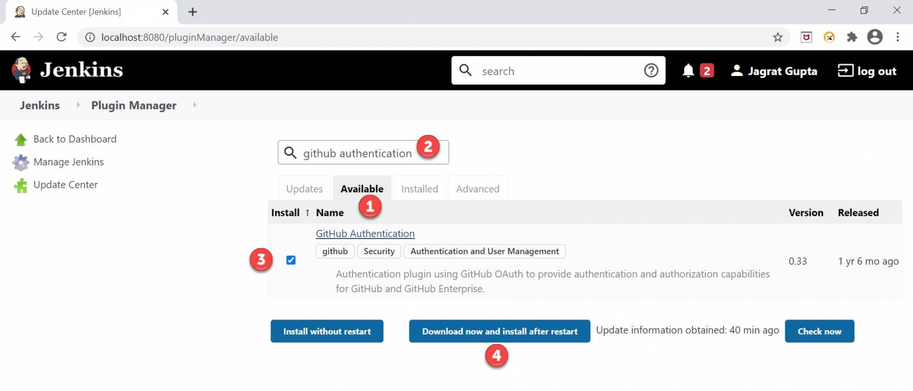 Jenkins Manage Plugins Installing plugin in Jenkins