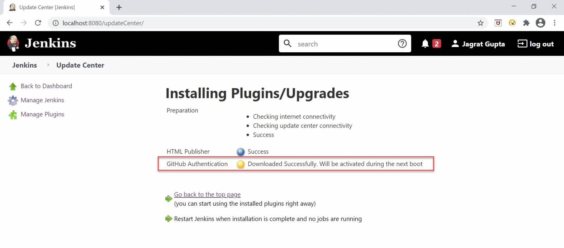 successful message of plugin installation