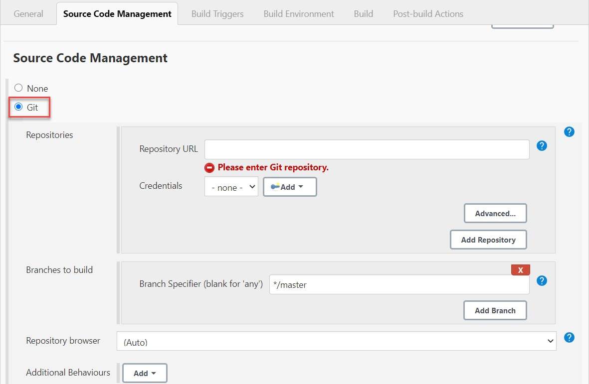 Jenkins github integration  Source Code Management section using Git Plugin