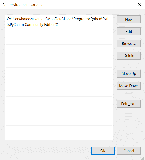 Environment Variables Setup Window