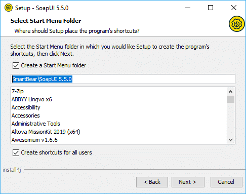 SoapUI installation: Startup menu