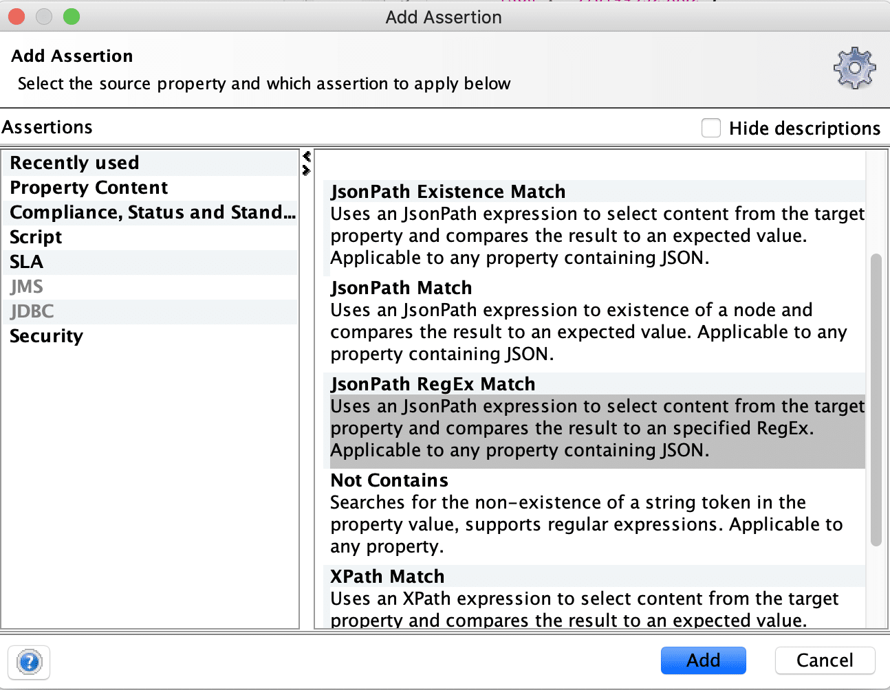 Selecting JsonPath RegEx Assertion for Rest Services in SoapUI