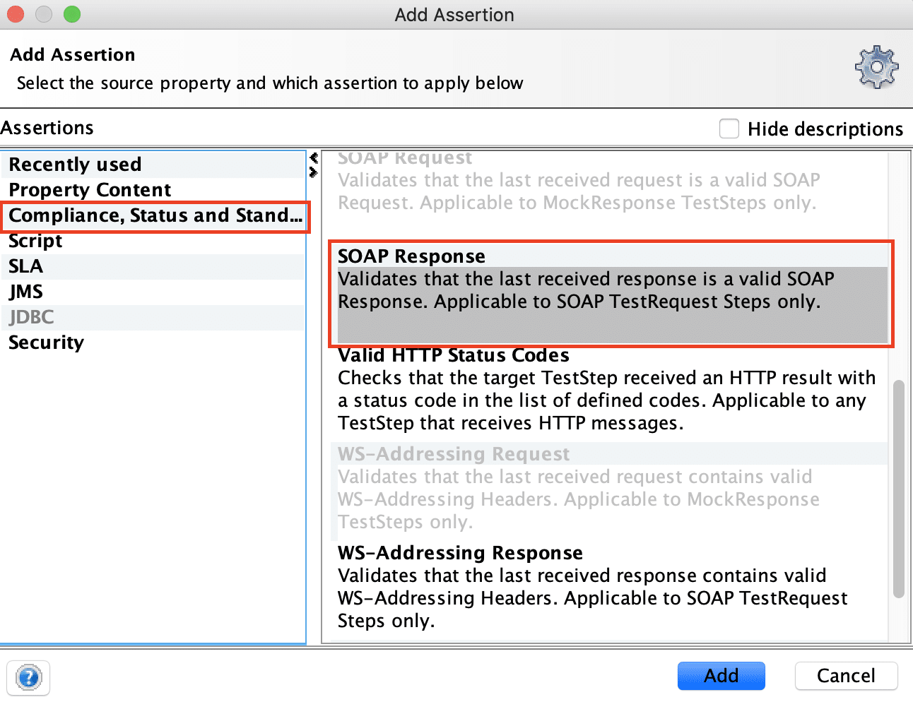 Add SOAP Response Assertion in SoapUI