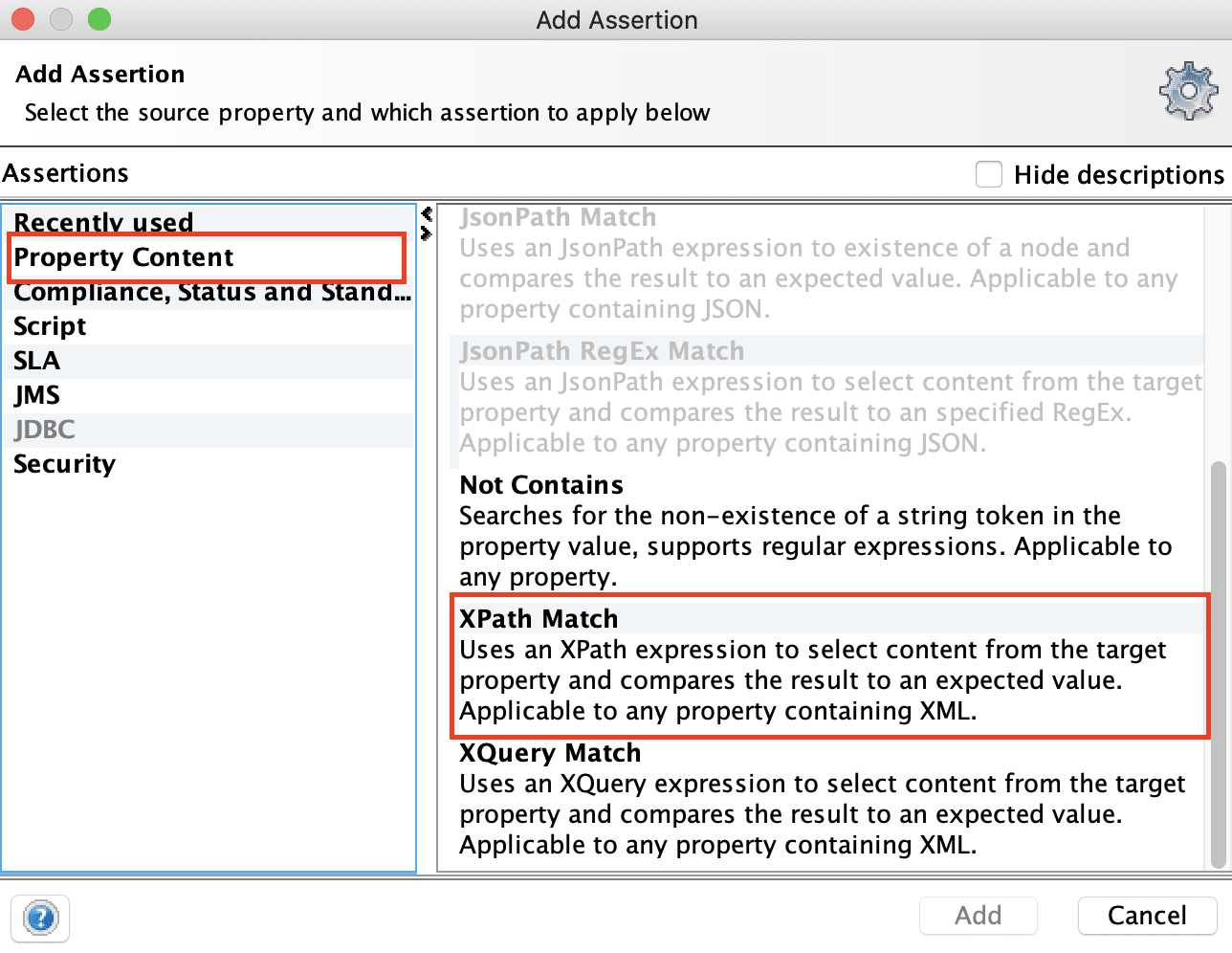 How to add XPath Match AssertionCommon for both SOAP and REST in SoapUI