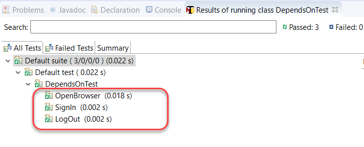 single method dependent tests in TestNG output