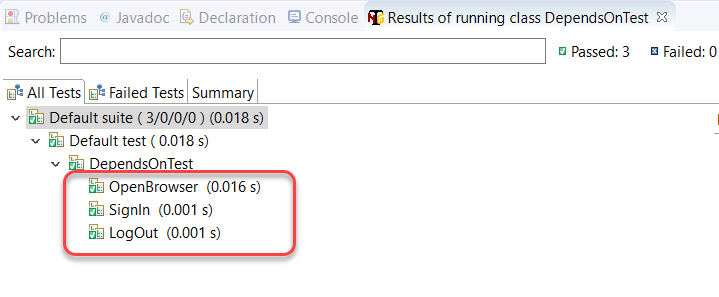 multiple method dependent tests in TestNG output