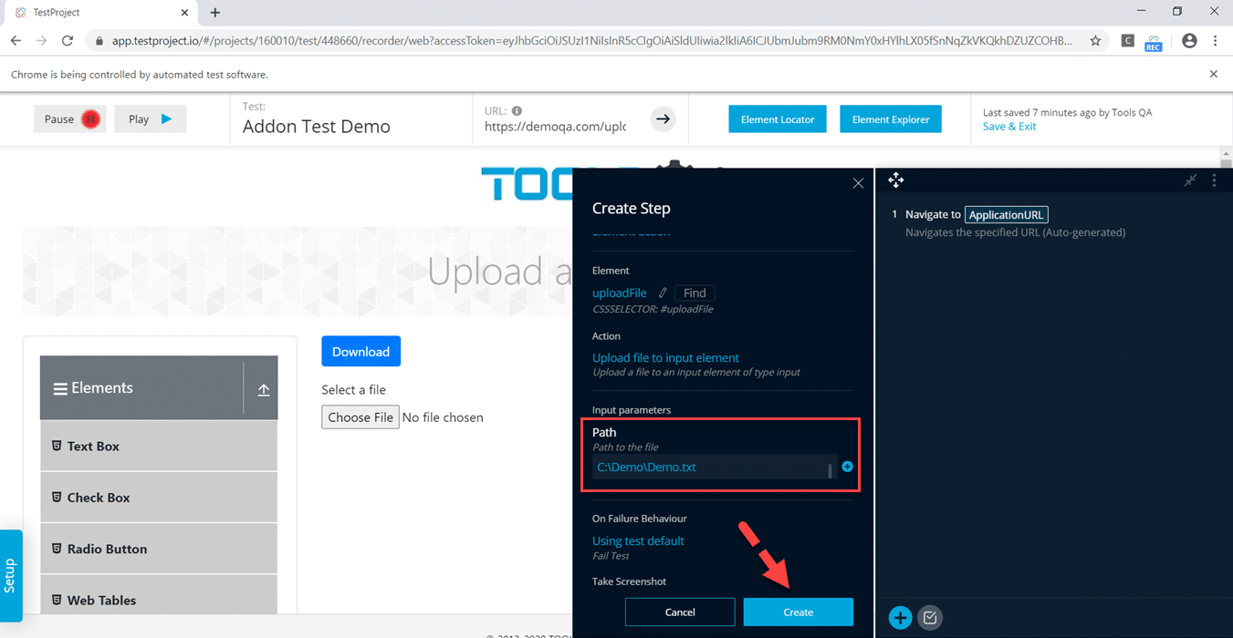 TestProject Addons Path insertion in Uploader Action of the Addon