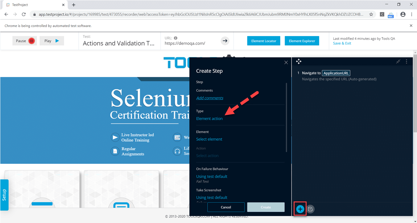 TestProject: Actions and Validations Select Type of step