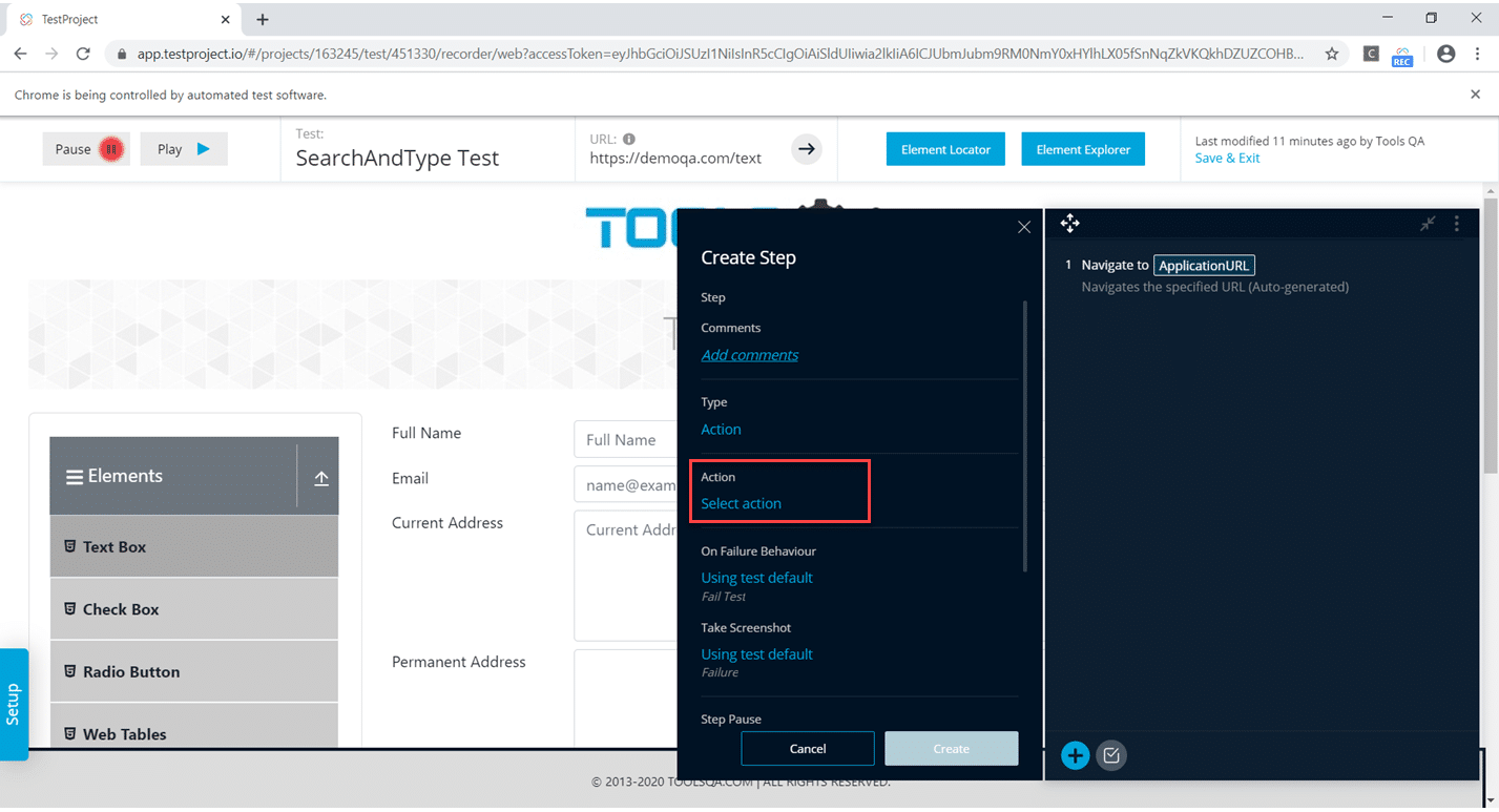 Custom Addons In TestProject Select needed action