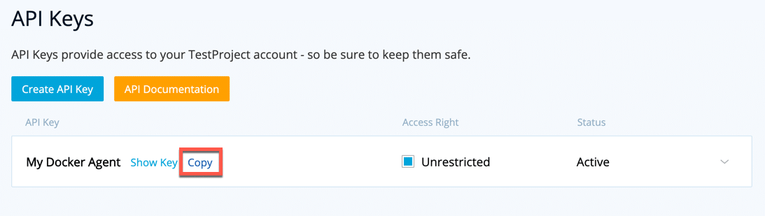TestProject Create API Key For Test Project Docker Agent