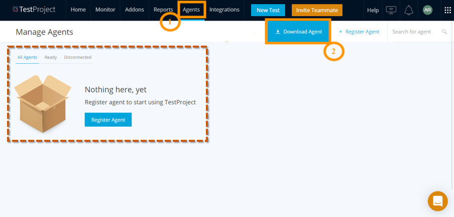 TestProject Agents Tab for downloading Agent