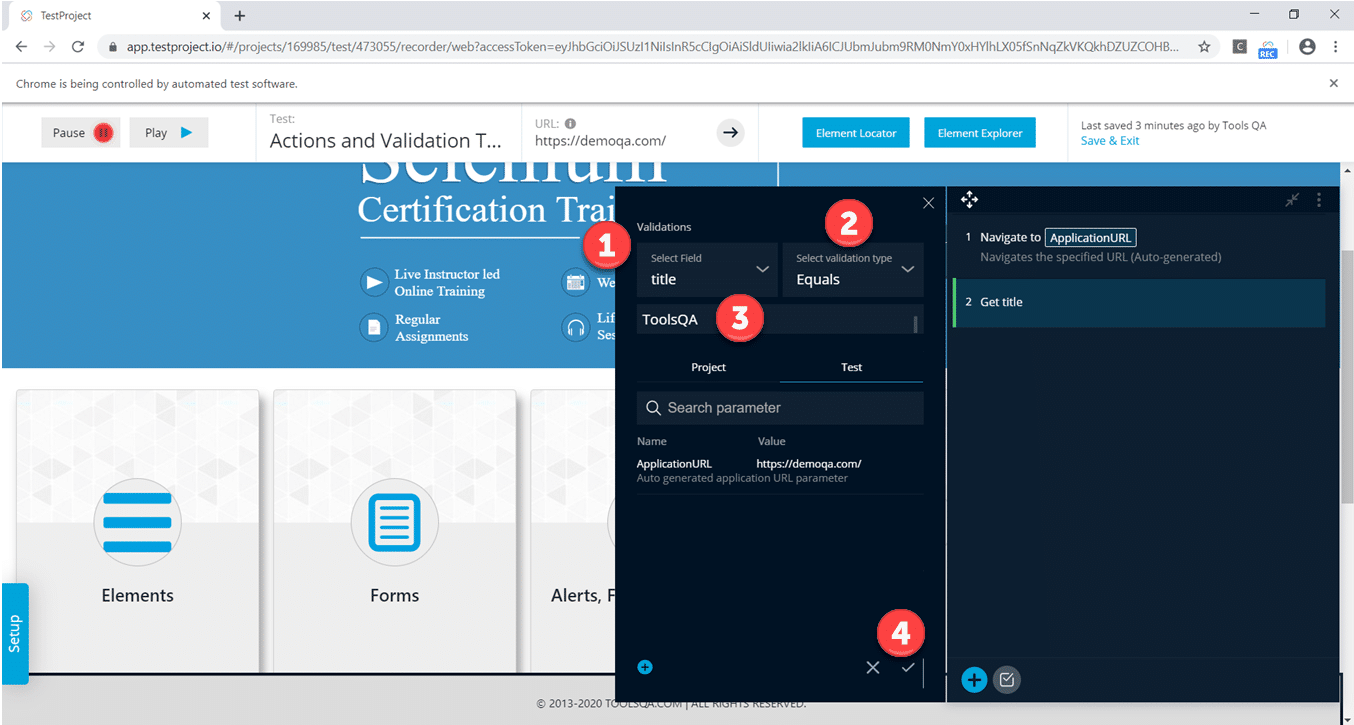 Steps to Validate Title of the application using TestProject Validations