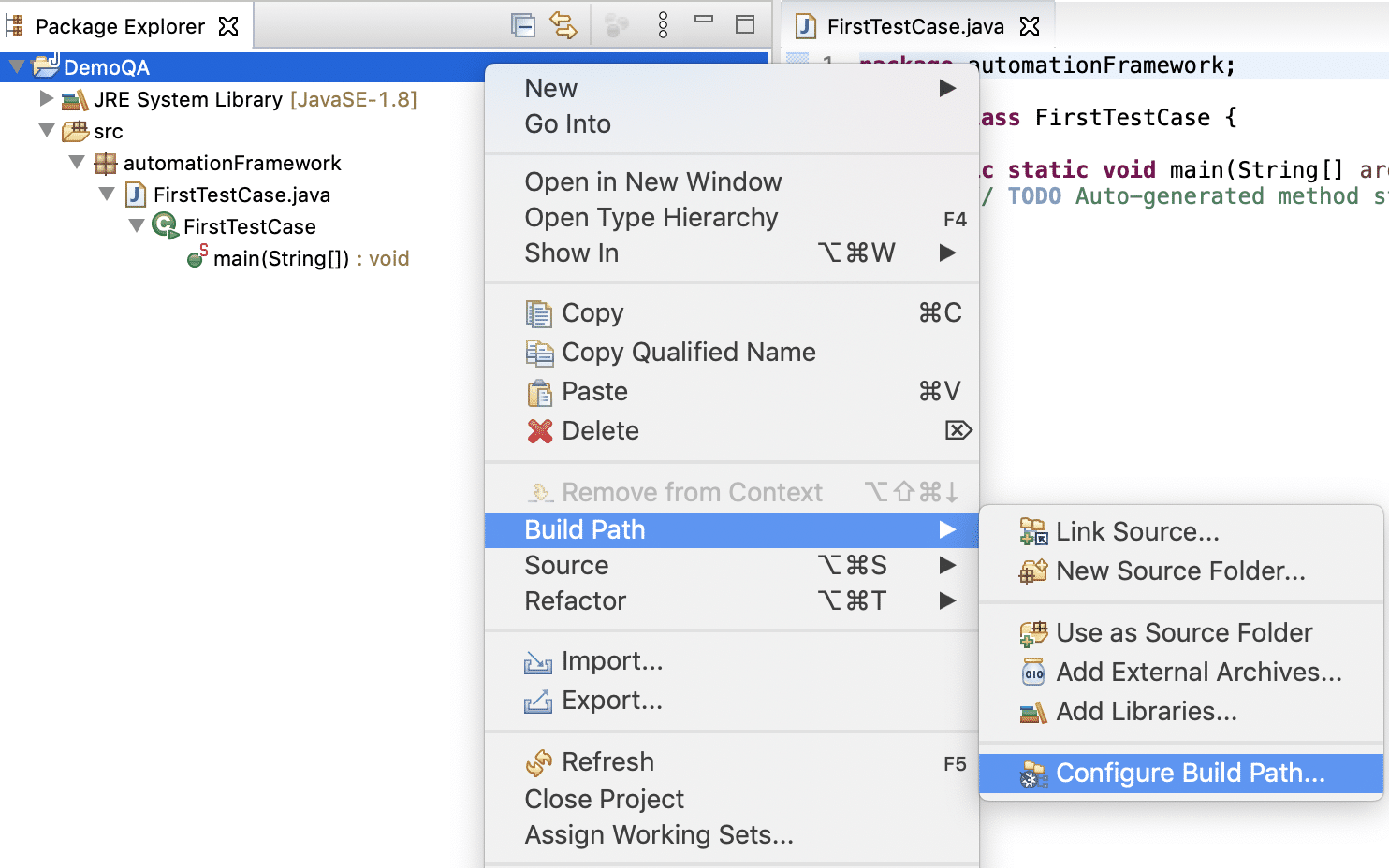 Navigating to Project Build Path in Eclipse