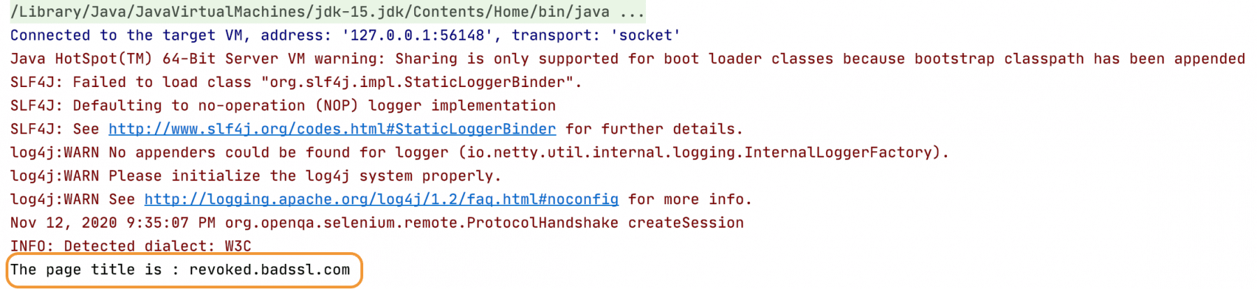 Console output after handling SSL certificate in Selenium for Safari browser