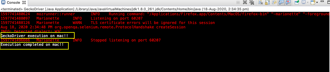 Execution results on mac for GeckoDriver