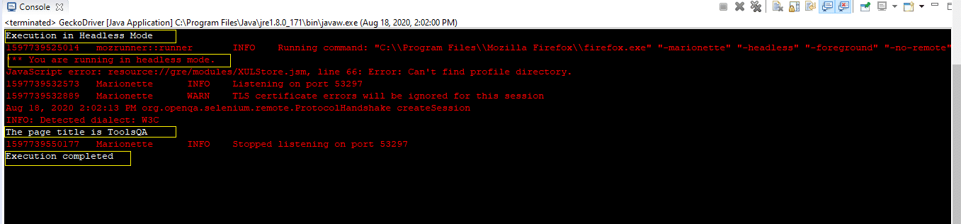 Execution Results of Headless Driver in GeckoDriver