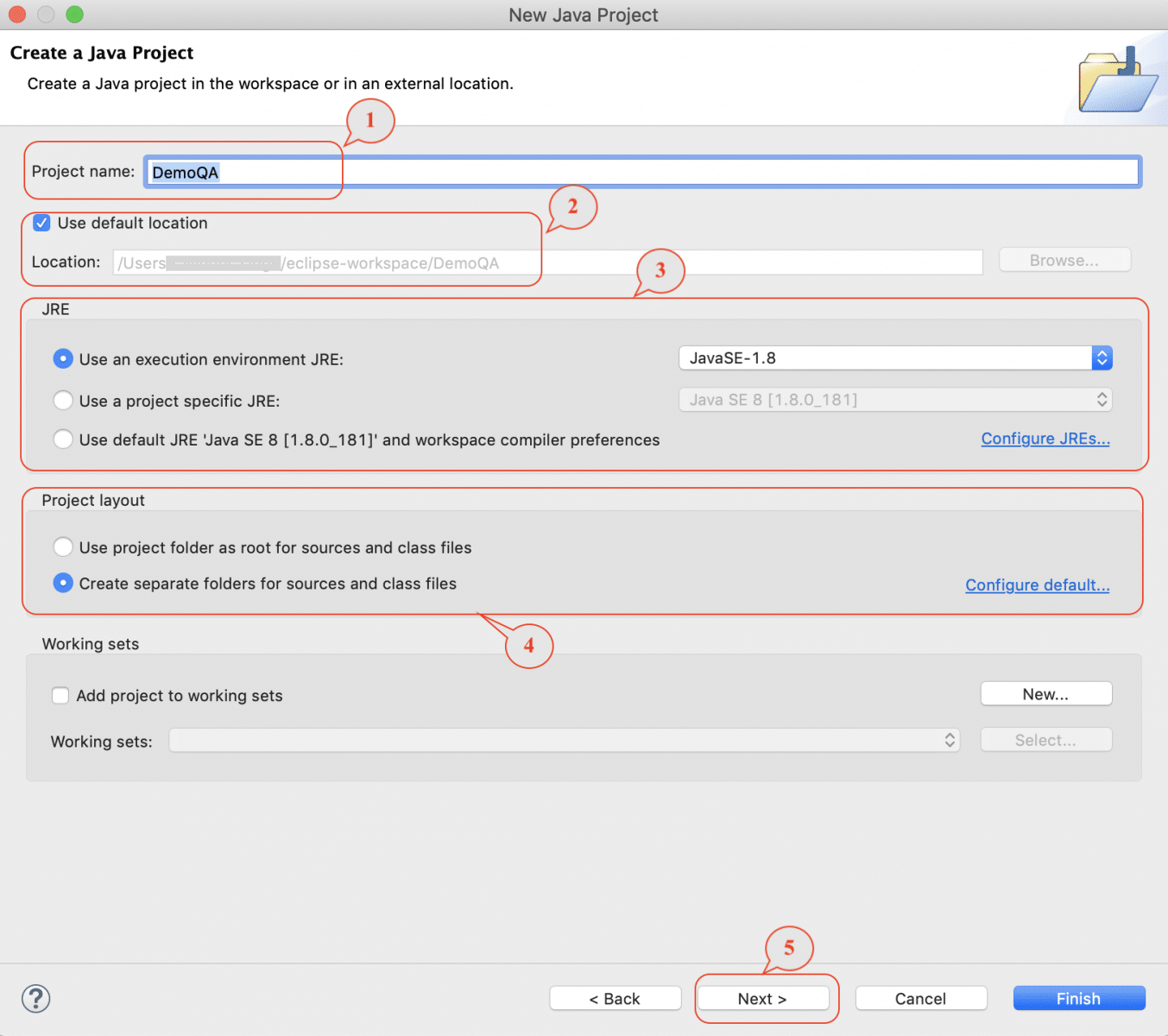 Eclipse Specify Java Project Name and JRE Configurations