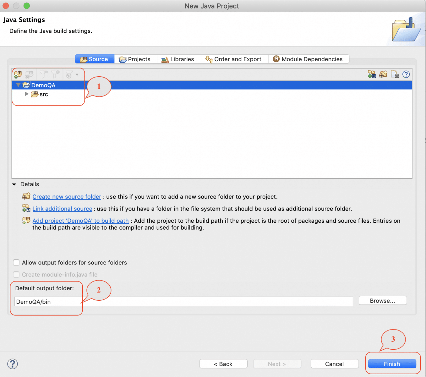 Eclipse configurations showing different paths of sources and classes