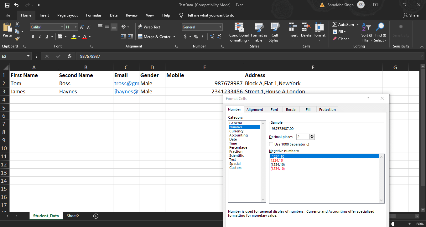 Various data formats in Excel